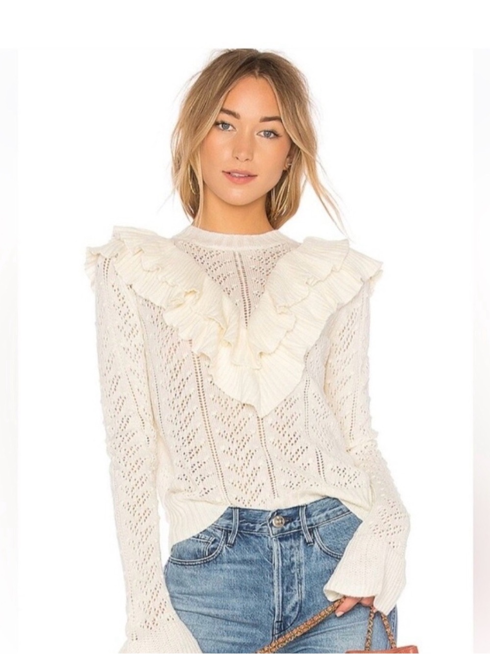 Tularosa Revolve Ruffled V Sweater Open Knit‎ crochet Belle sleeve Ivory Cream